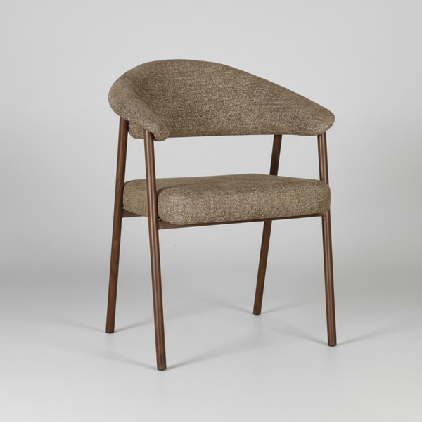 A modern accent chair with a curved upholstered backrest and seat cushion in a textured taupe fabric, supported by four tapered dark brown wooden legs, shown against a neutral light gray background.