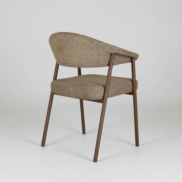 A modern dining chair with a curved upholstered backrest and seat cushion in a textured taupe fabric, supported by a dark brown wooden frame with tapered legs, shown against a neutral light gray background.