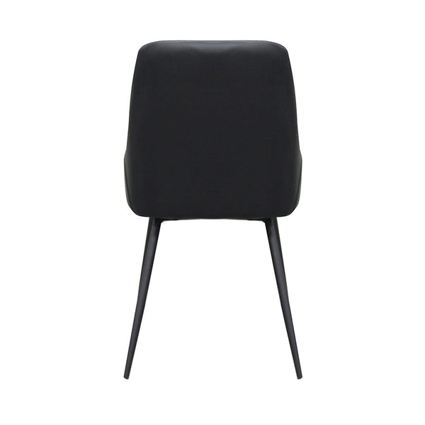 Front view of black upholstered dining chair with rounded backrest and tapered legs