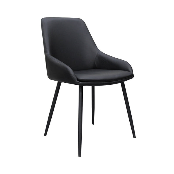 Upholstered black dining chair with curved back and armrests, black metal legs