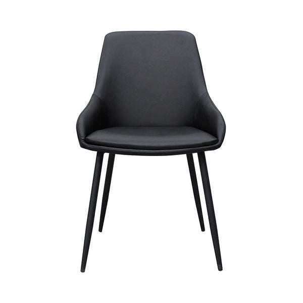 Black dining chair with upholstered seat and backrest, curved arms, slim tapered legs
