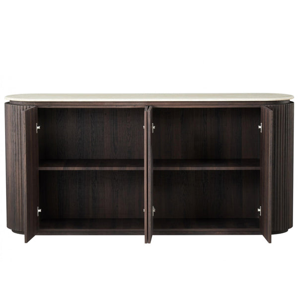 Crete buffet cabinet with open double doors, dark wood ribs, and two interior shelves