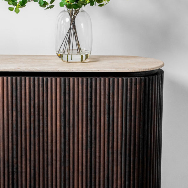 Crete buffet cabinet with dark wood ribbed panels and round top edge