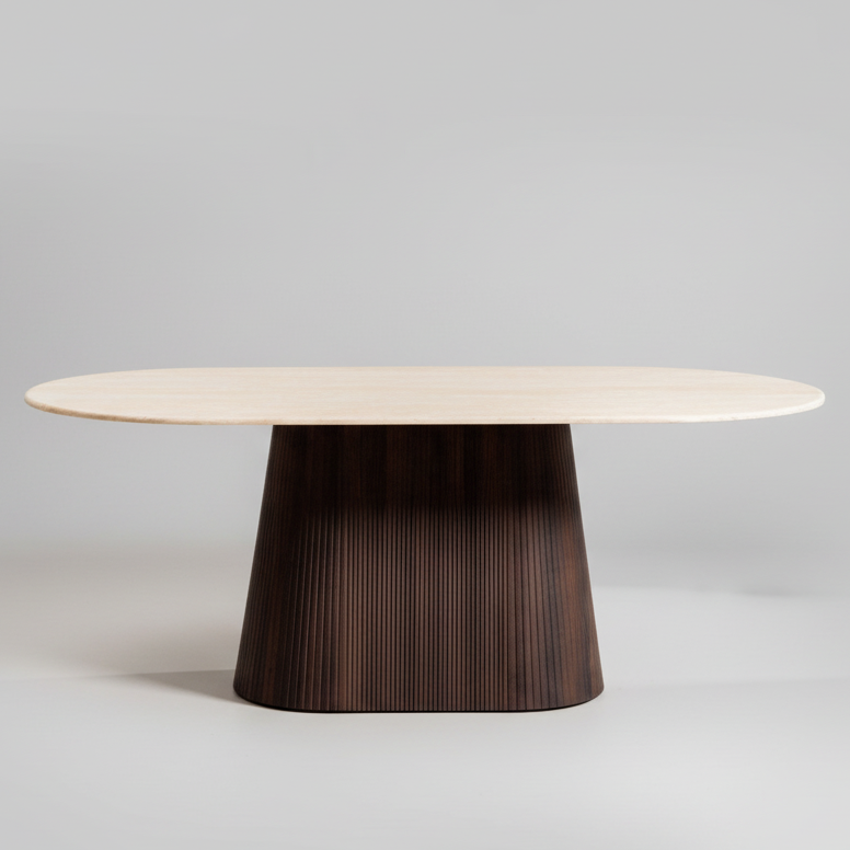 Round table with a wooden base and white top on a gray background