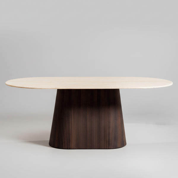 Round table with a wooden base and white top on a gray background