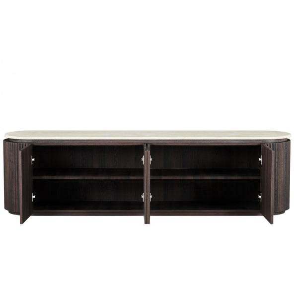 Dark wood TV unit with two open shelves and central divider, wide curved top.