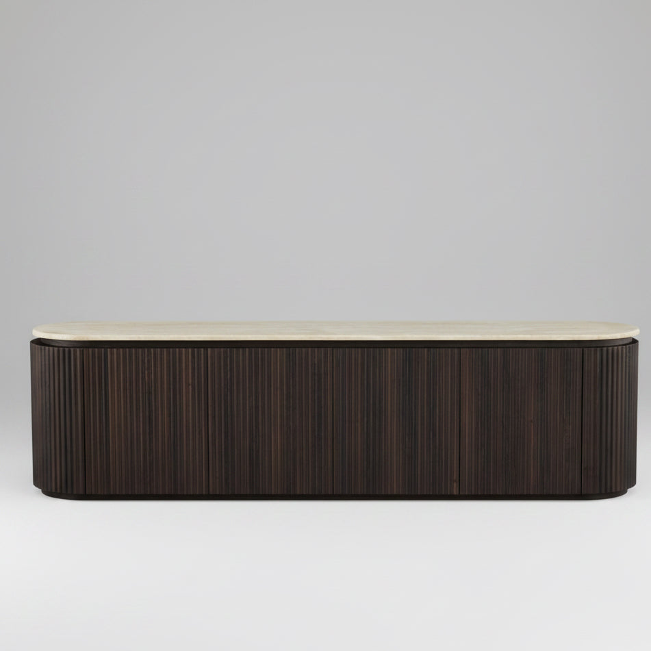 Rectangular wooden console table with a white top on a white background