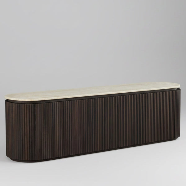 Long, dark brown cabinet with a light-colored top on a gray background