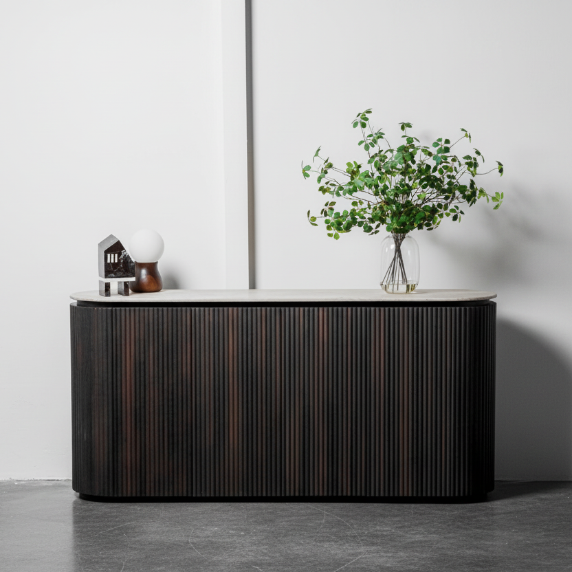 Modern dark wood console table with a white top against a plain wall.