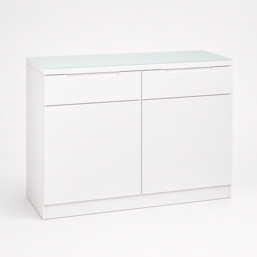 White buffet cabinet with two drawers and two doors, flat top