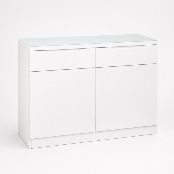 White buffet cabinet with two drawers and two doors, flat top