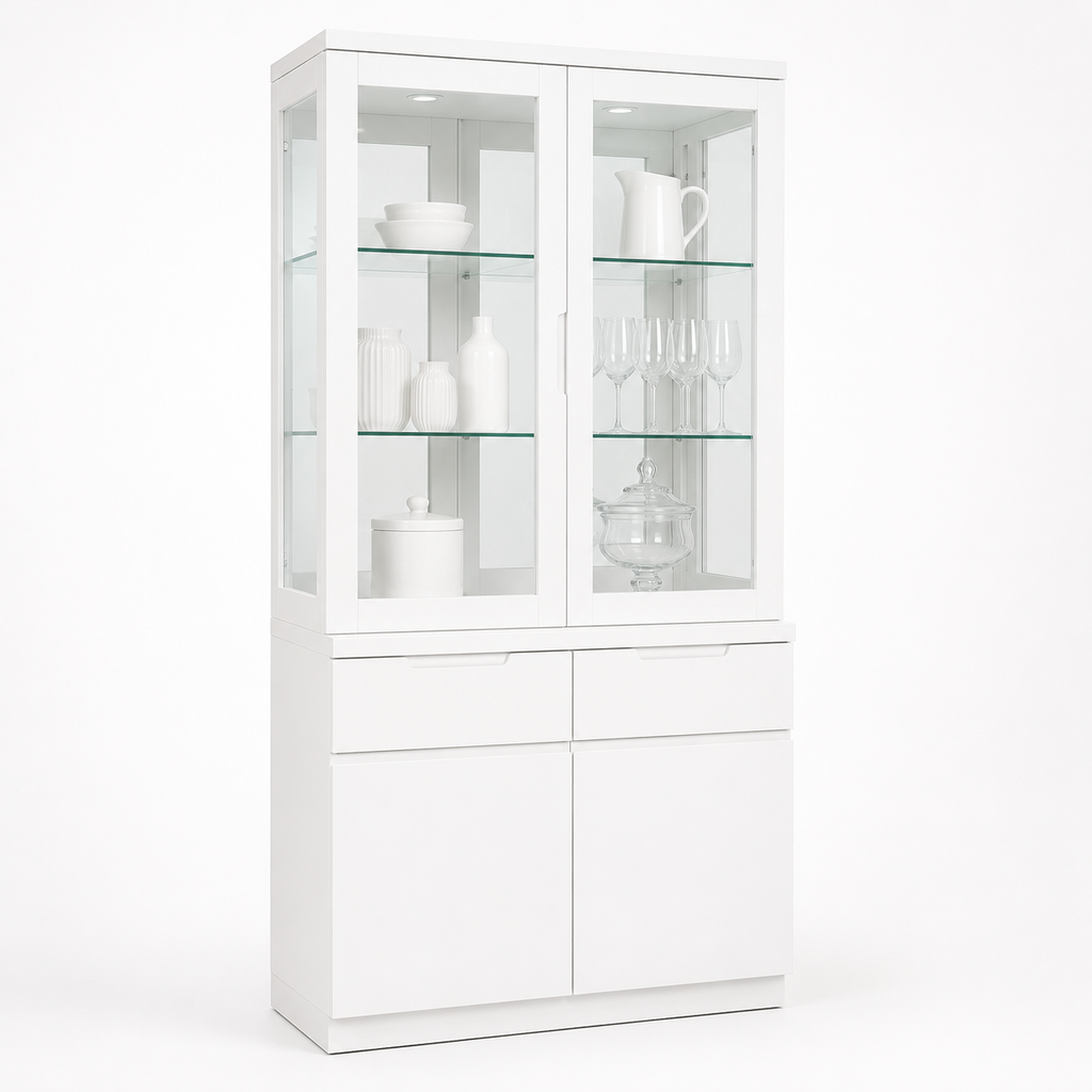 White display cabinet with glass doors on a white background
