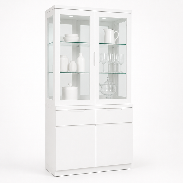 White display cabinet with glass doors on a white background