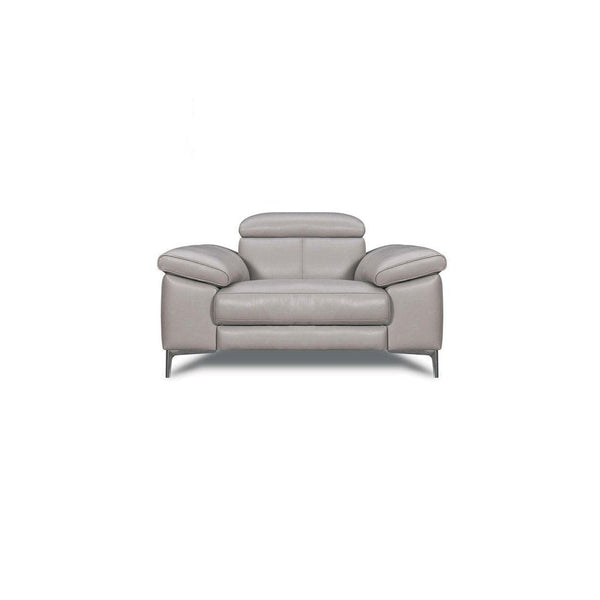 Light grey electric recliner sofa with compact two-seat design and rounded arm pads