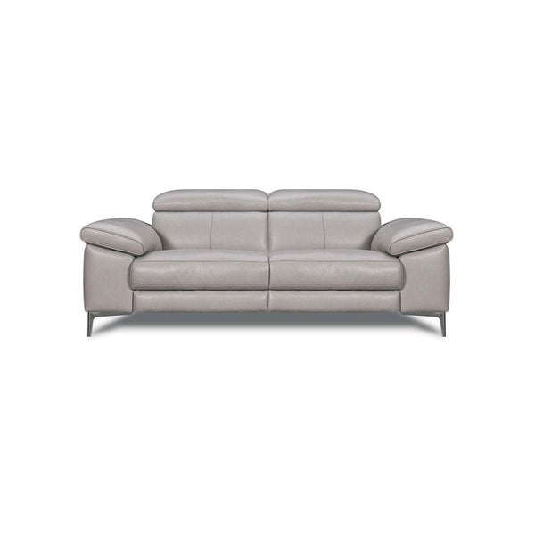 Light grey electric recliner sofa with thick seat cushions and rounded armrests
