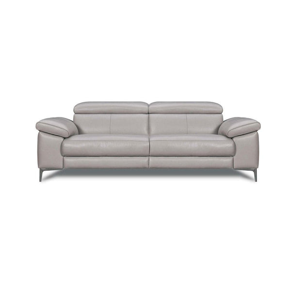 Light grey electric recliner sofa with split back cushions and curved padded arms
