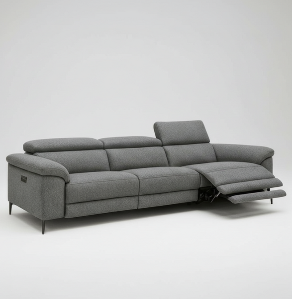 Electric recliner sofa in light grey fabric with one recliner extended