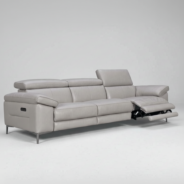 Light grey electric recliner sofa side angle with extended leg support and control panel