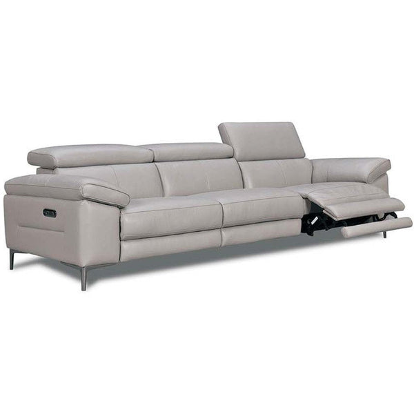 Light grey electric recliner sofa with padded headrests and pull-out footrest