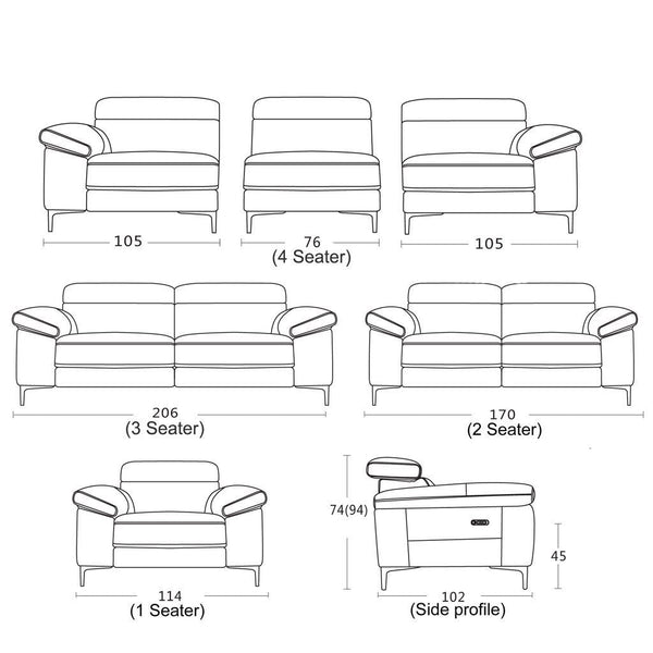 Electric recliner sofa size chart with seat configurations and side profile