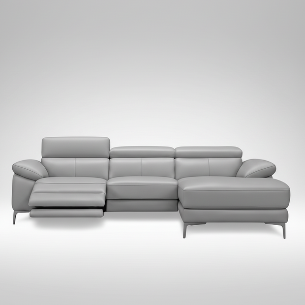 Gray leather electric recliner sofa with chaise extension, three seat sections, and sleek legs