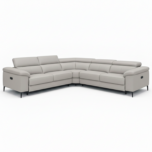 Light grey leather corner sofa with wide chaise seat and squared armrests