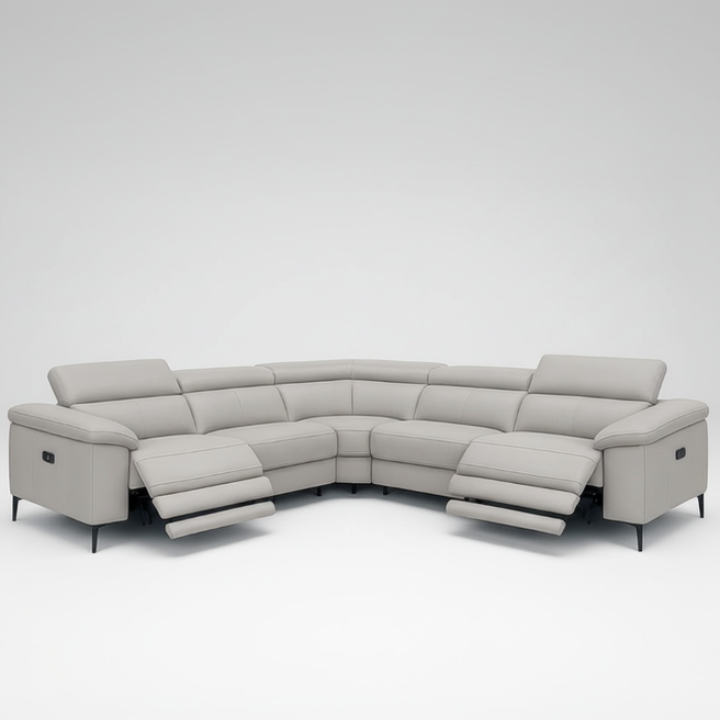 Light grey leather corner sectional sofa with chaise ottoman-style footrests