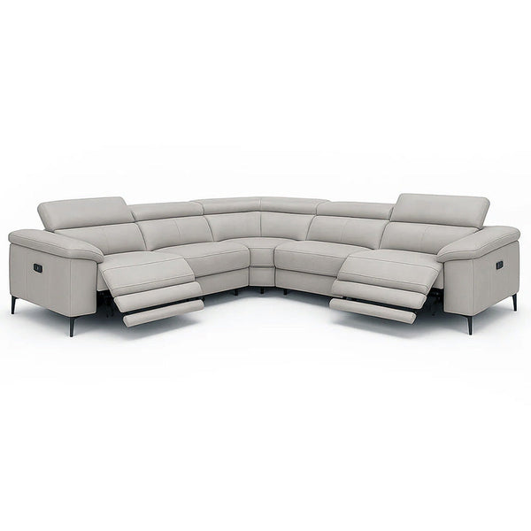 Light grey leather L-shaped corner sofa with armrests and angled chaise seats