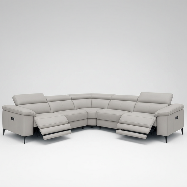 Light grey leather corner sectional sofa with chaise ottoman-style footrests