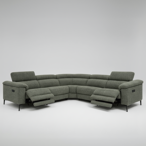 Modular corner sofa electric recliner in dark grey fabric, full sectional profile