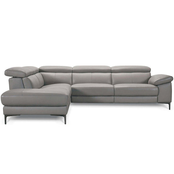 Light grey leather corner chaise sofa, wide seating with chaise end and armrests