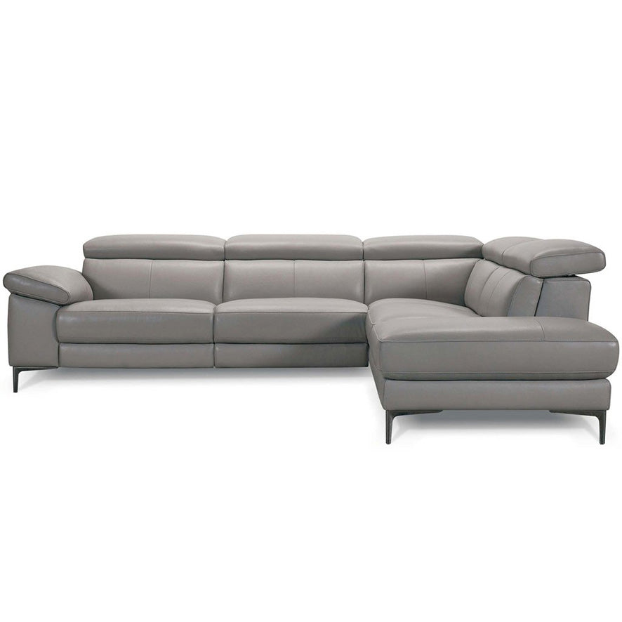 Light grey leather corner chaise sofa with deep cushions and low, rounded arms