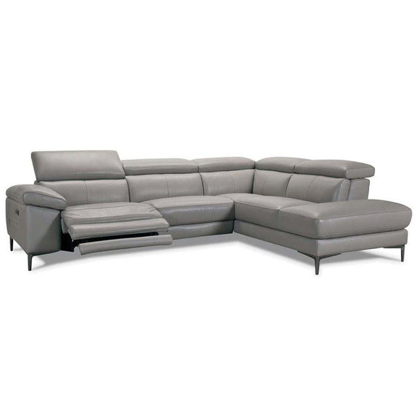 Light grey leather corner chaise sofa with modular look, chaise extension, slim legs
