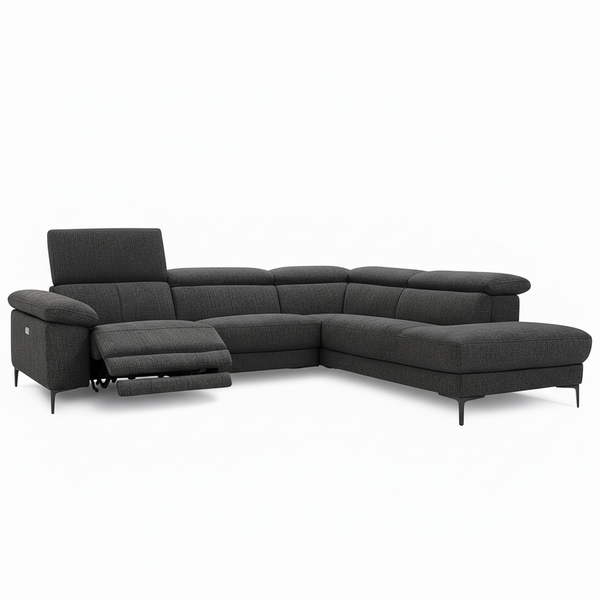Dark grey fabric corner chaise sofa with recliner footrest and chaise extension
