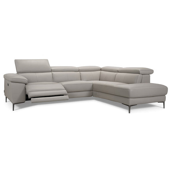 Light grey leather corner chaise sofa with chaise bench and padded headrest cushion