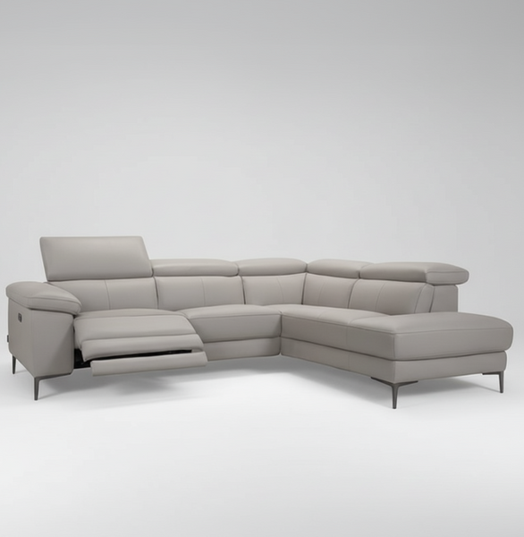 Light grey leather corner chaise sofa, chaise section with extended ottoman-style seat