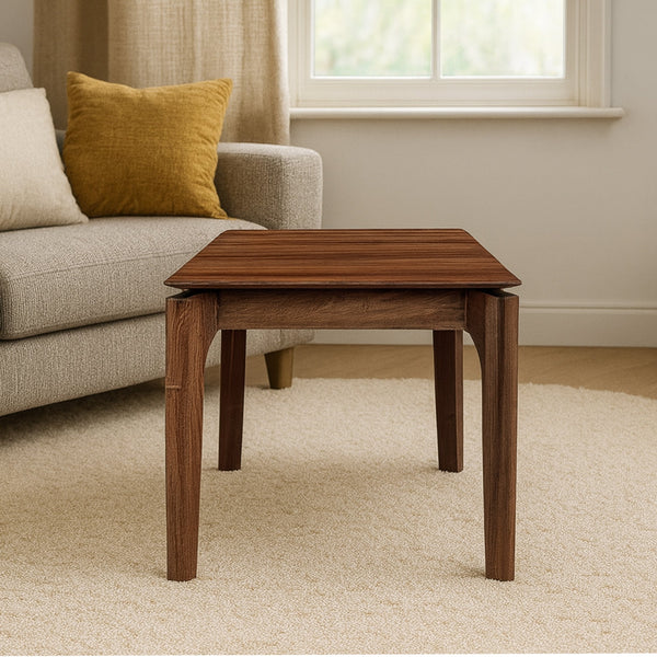 Brown wooden lamp table with square top and tapered legs