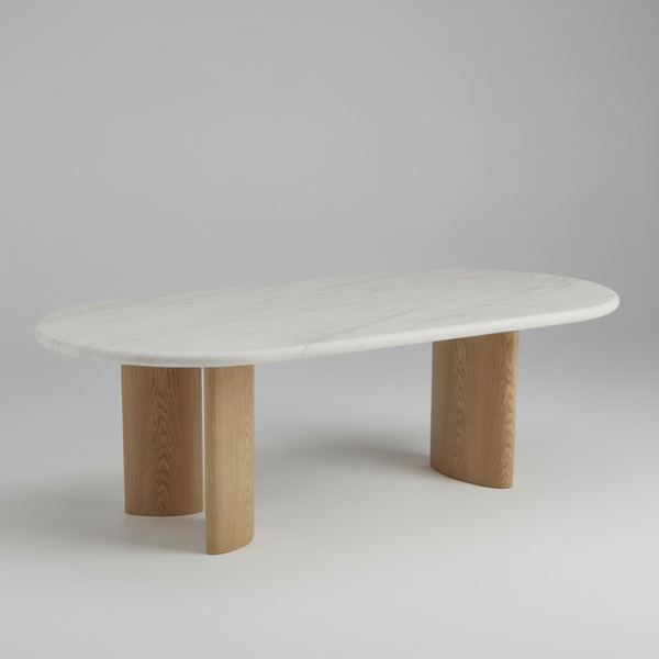 Oval-shaped table with a white marble top and wooden legs on a white background