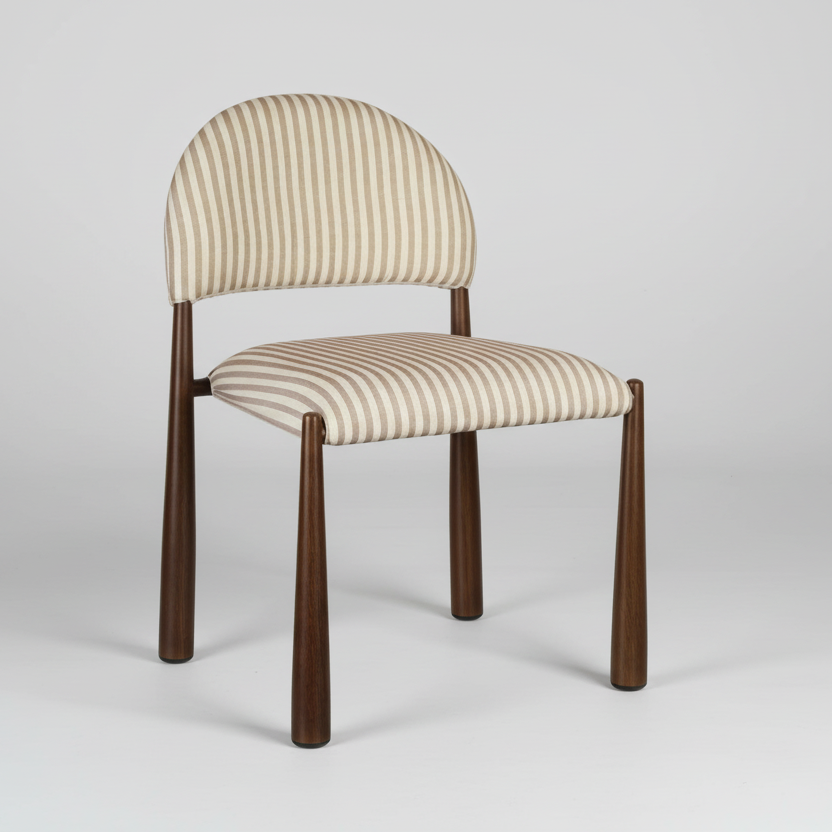 Striped chair with wooden legs on a light gray background