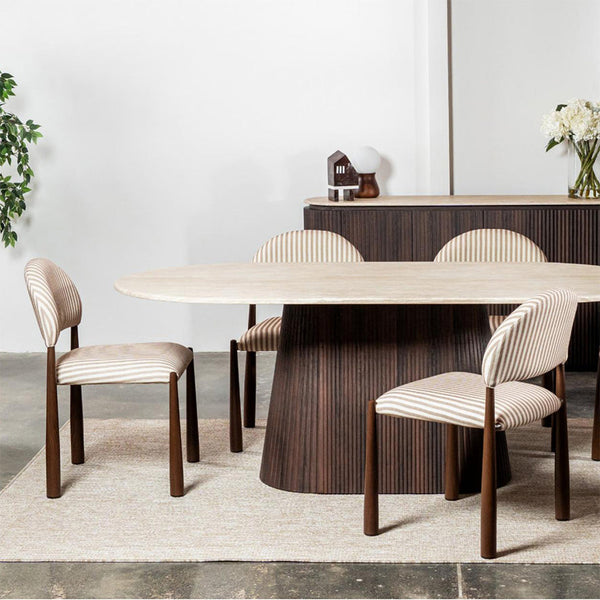 Dining chair with walnut legs and beige striped fabric seat and curved backrest