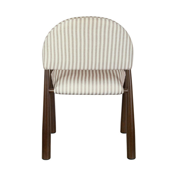 Dining chair with walnut legs and beige vertical striped fabric upholstered back and seat
