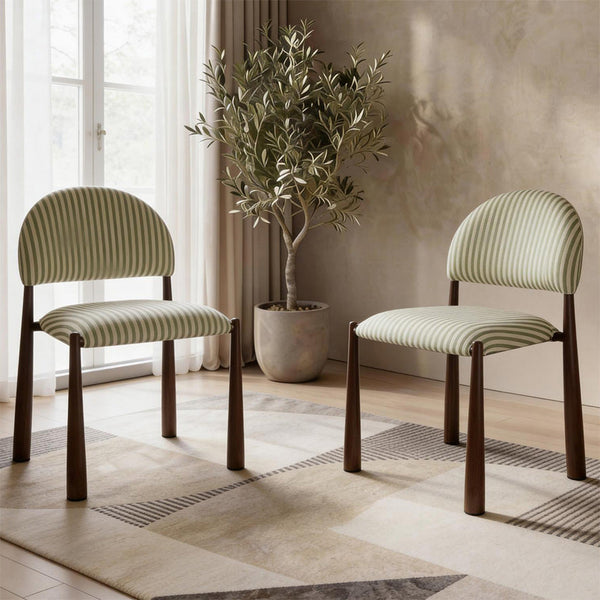 Set of 2 walnut dining chairs with moss striped curved backs and padded seats