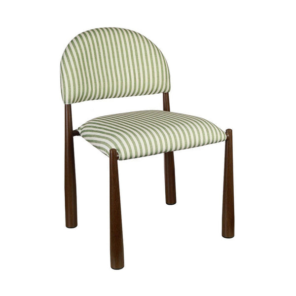 Walnut dining chair with moss green striped upholstered back and seat