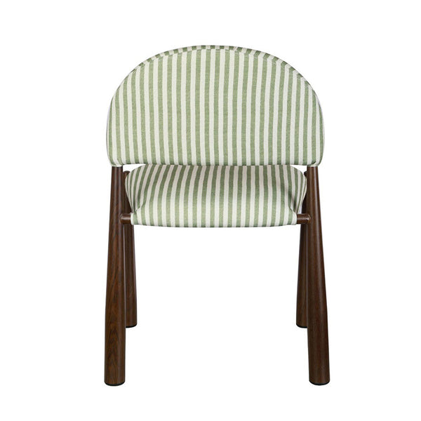 Walnut dining chair with rounded backrest and moss green striped seat