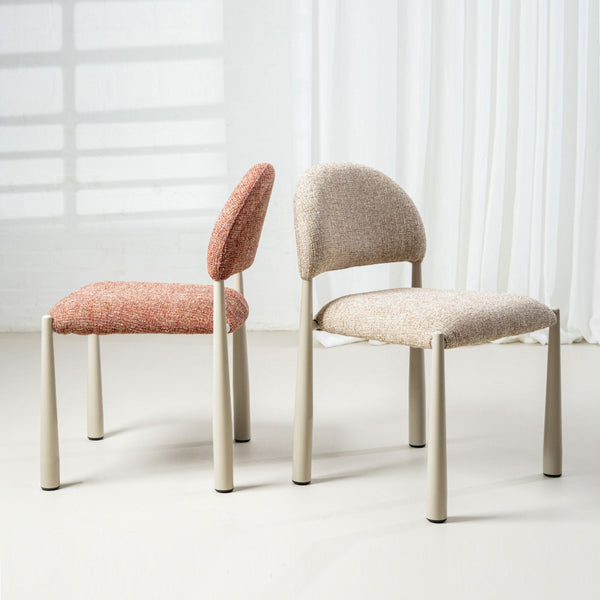 Pair of fabric dining chairs, textured red-brown and beige seats with white legs