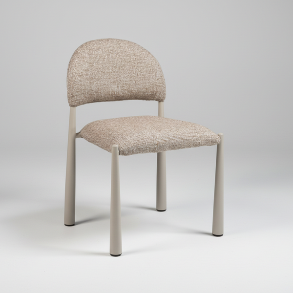 Beige fabric dining chair with curved backrest, cushioned seat, and light legs