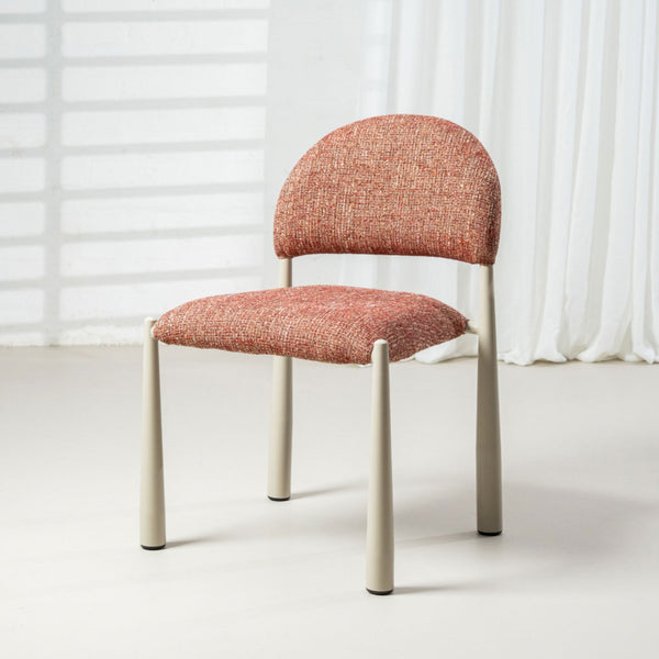 Fabric dining chair with rounded back, red-brown upholstered seat and white legs
