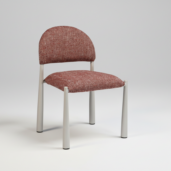 Fabric dining chair with rounded back, red-brown woven upholstery and white legs