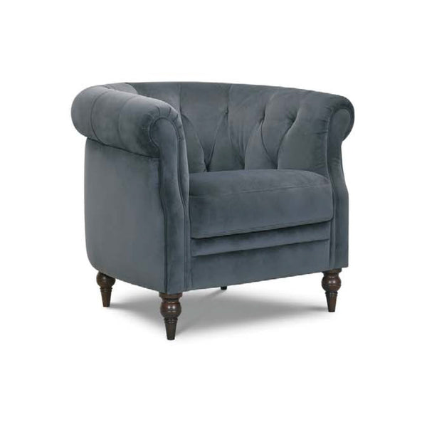Vintage Elizabeth accent chair in dark blue velvet with tufted back and rolled arms