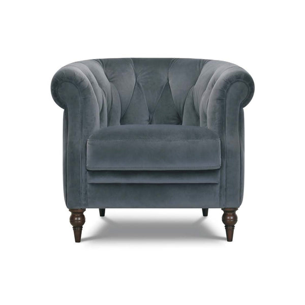 Vintage Elizabeth accent chair in blue-gray velvet with tufted back and front panel